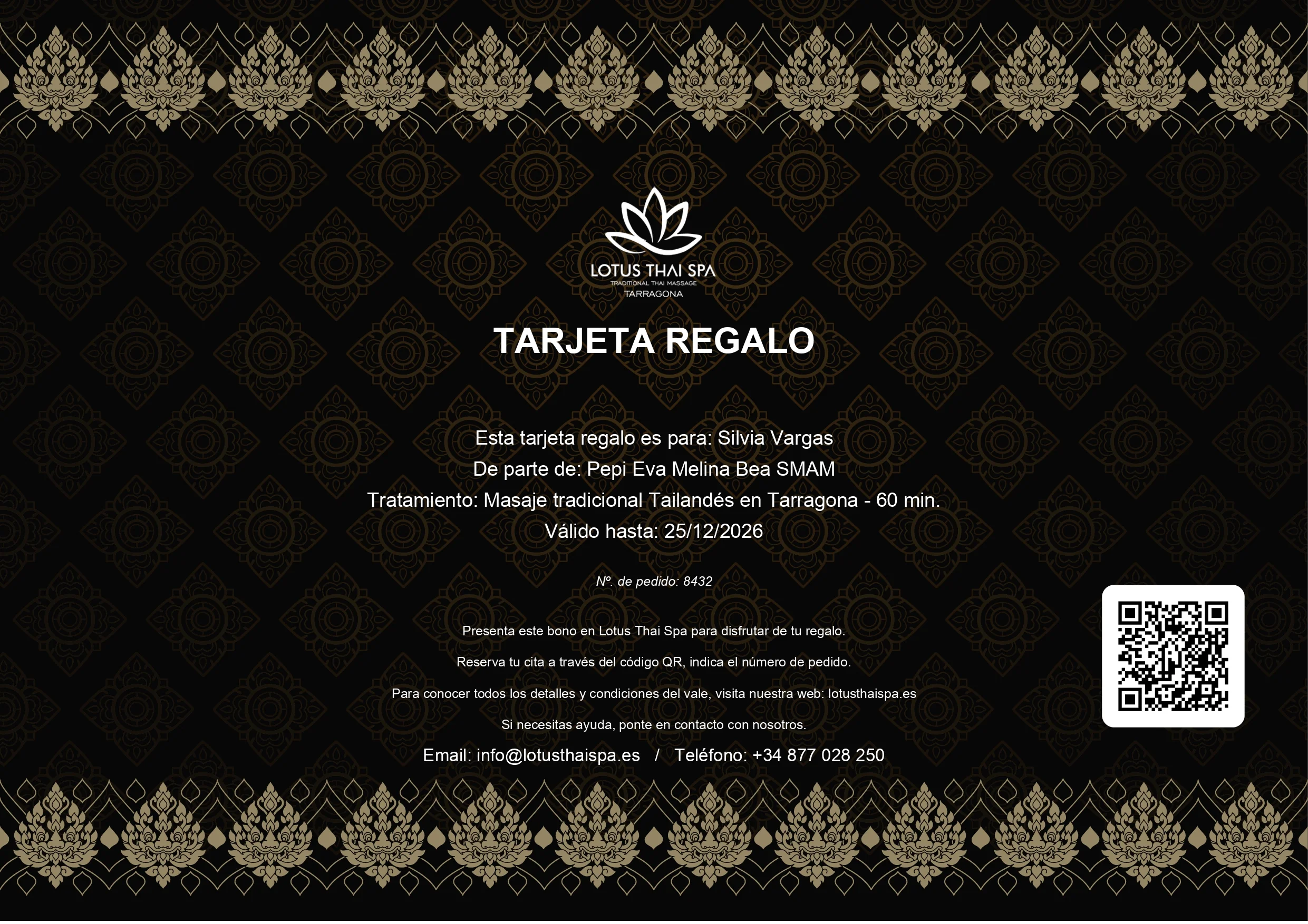 Tarjeta de regalo Lotus Thai Spa para Silvia Vargas